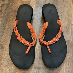 Candie’s coral twisted rope beaded flip flops